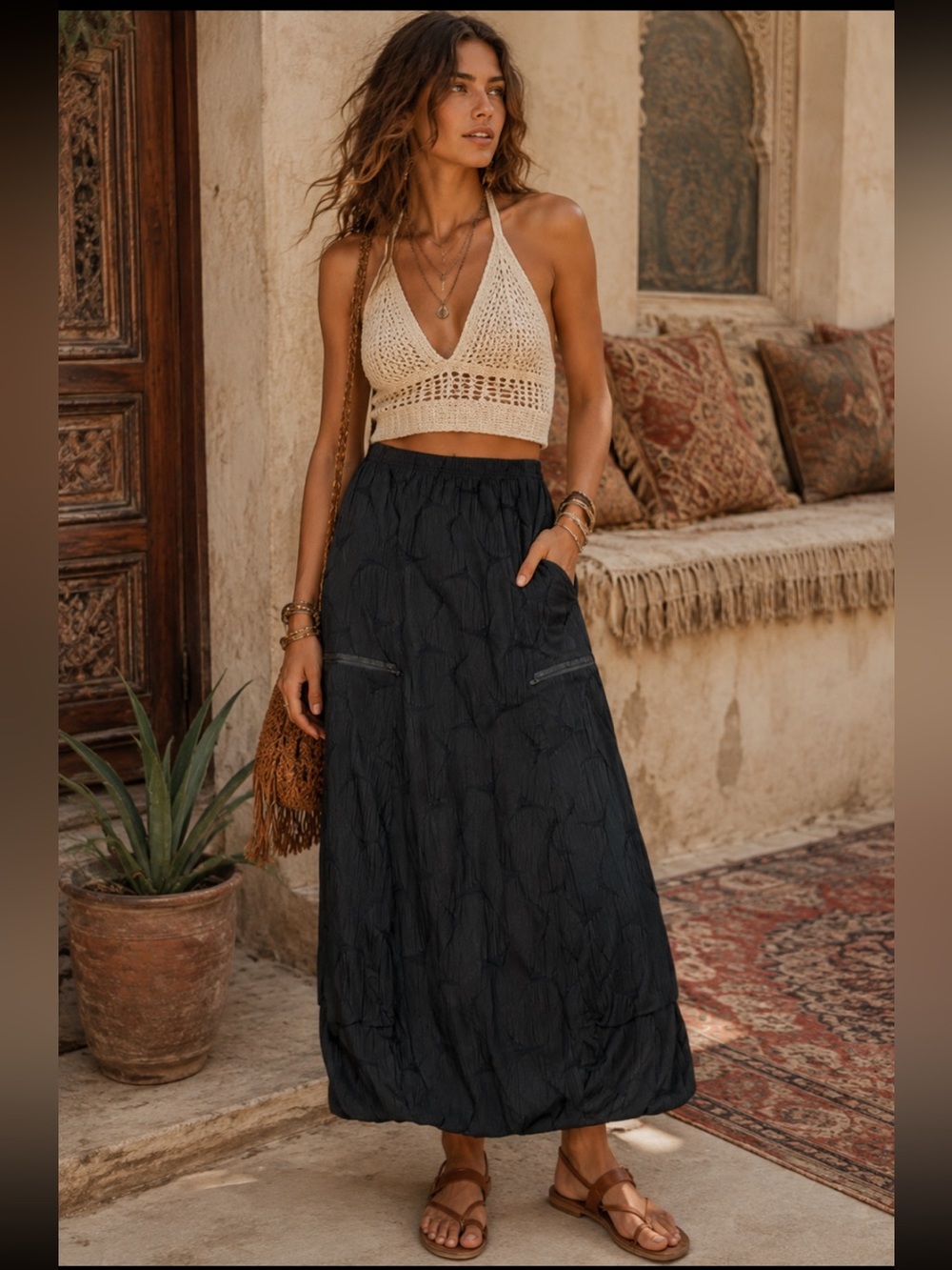 Blanque Black Embroidered Crinkle Cargo Utility Maxi Skirt Lagenlook Size 4